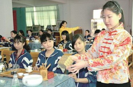 茶藝師正在給英德市職業(yè)技術(shù)學(xué)校茶藝興趣班學(xué)生演示茶藝的標(biāo)準(zhǔn)動作。